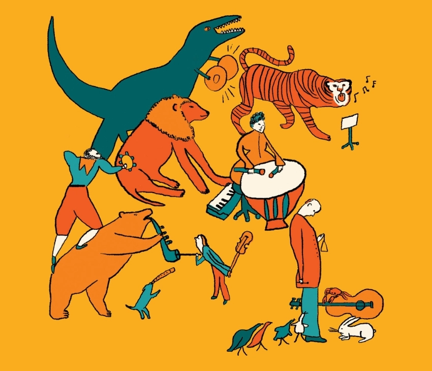 illustrazione di orchestra di uomini e animali